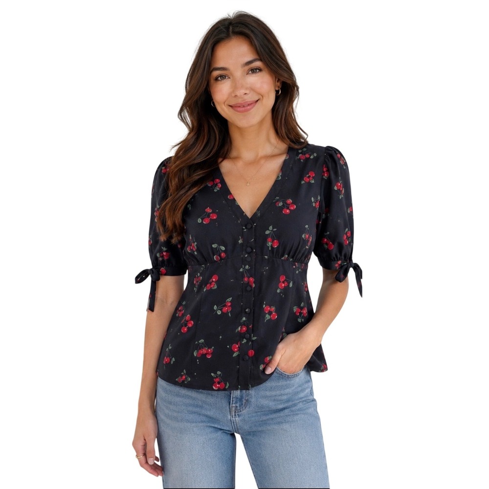 Cherry Print Blouse Womens Medium Black New Retro Puff Sleeve Top Belle Pogue